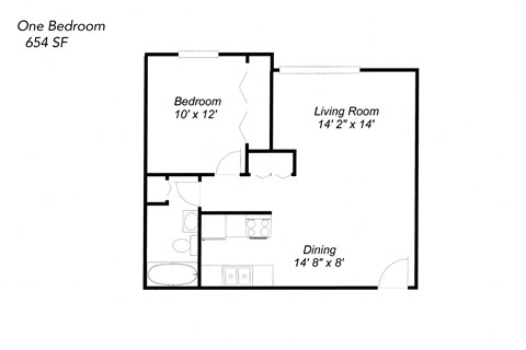 Floor plan for 1 bed, 1 bath, 654 sqft